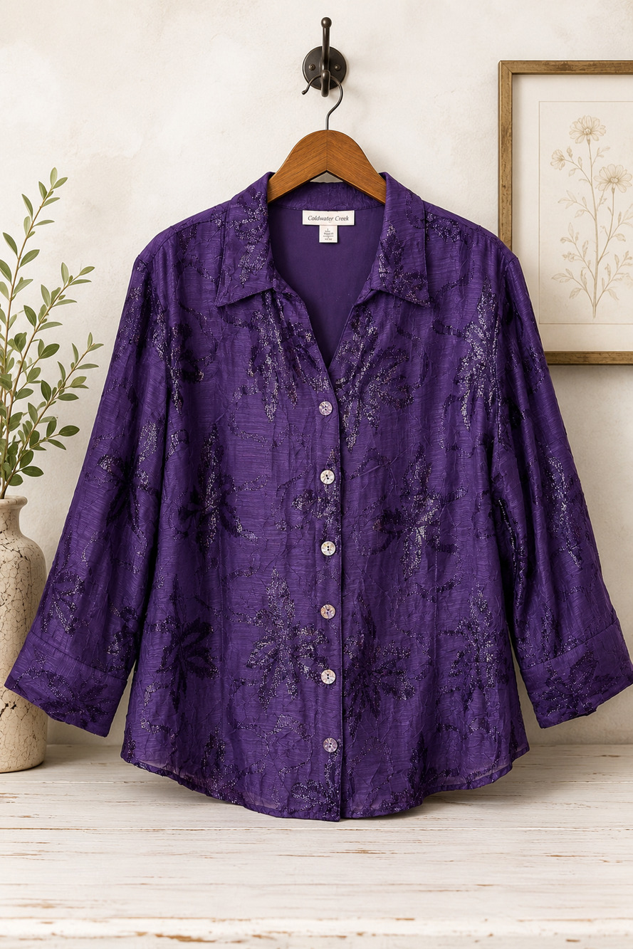 Coldwater Creek Purple Burnout Floral Blouse Women's L Button Front Lined Top